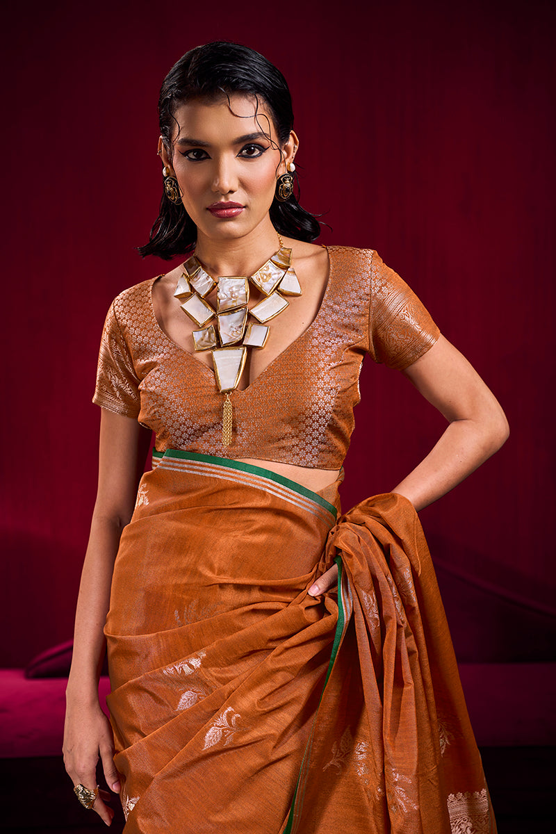 Rust Satin Linen Handloom Weaving Silk Saree with Shimmer Finish