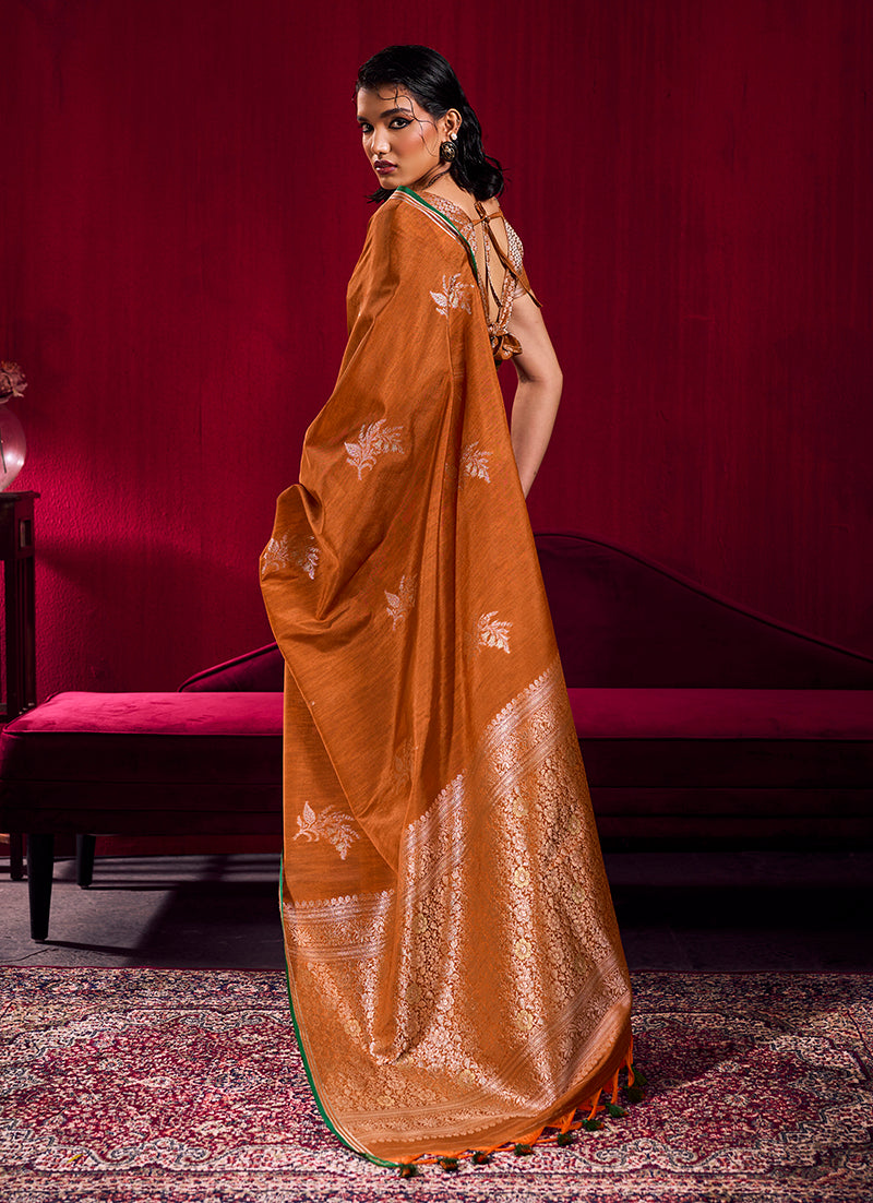 Rust Satin Linen Handloom Weaving Silk Saree with Shimmer Finish