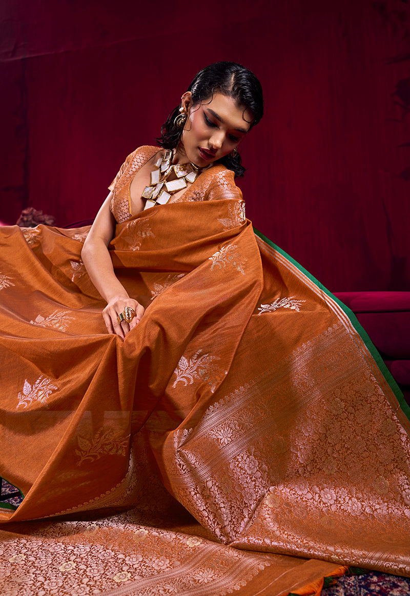 Rust Satin Linen Handloom Weaving Silk Saree with Shimmer Finish