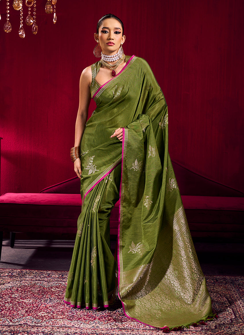 Mehendi green satin linen silk handloom saree with shimmering handwoven details
