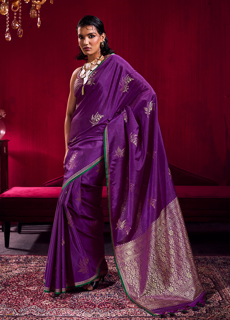 Purple satin linen silk saree with handloom zari weaving and shimmering finish