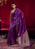 Purple satin linen silk saree with handloom zari weaving and shimmering finish