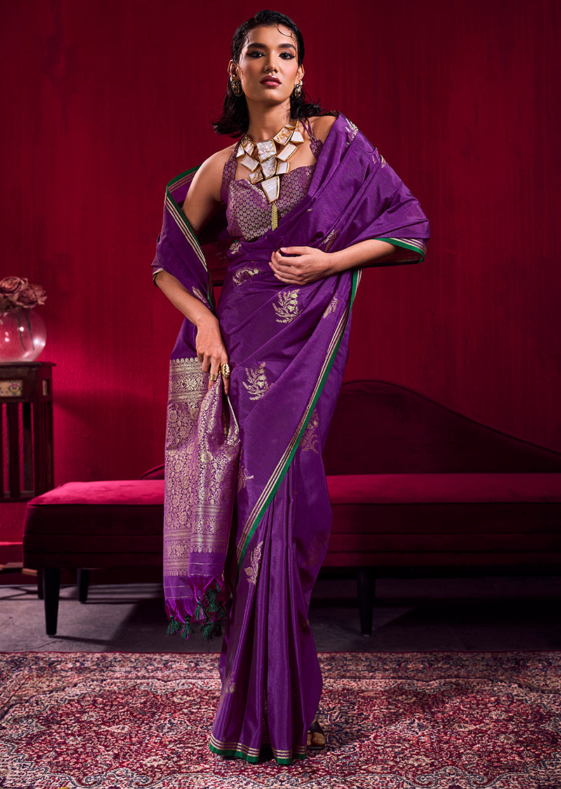 Purple Satin Linen Silk Handloom Weaving Saree