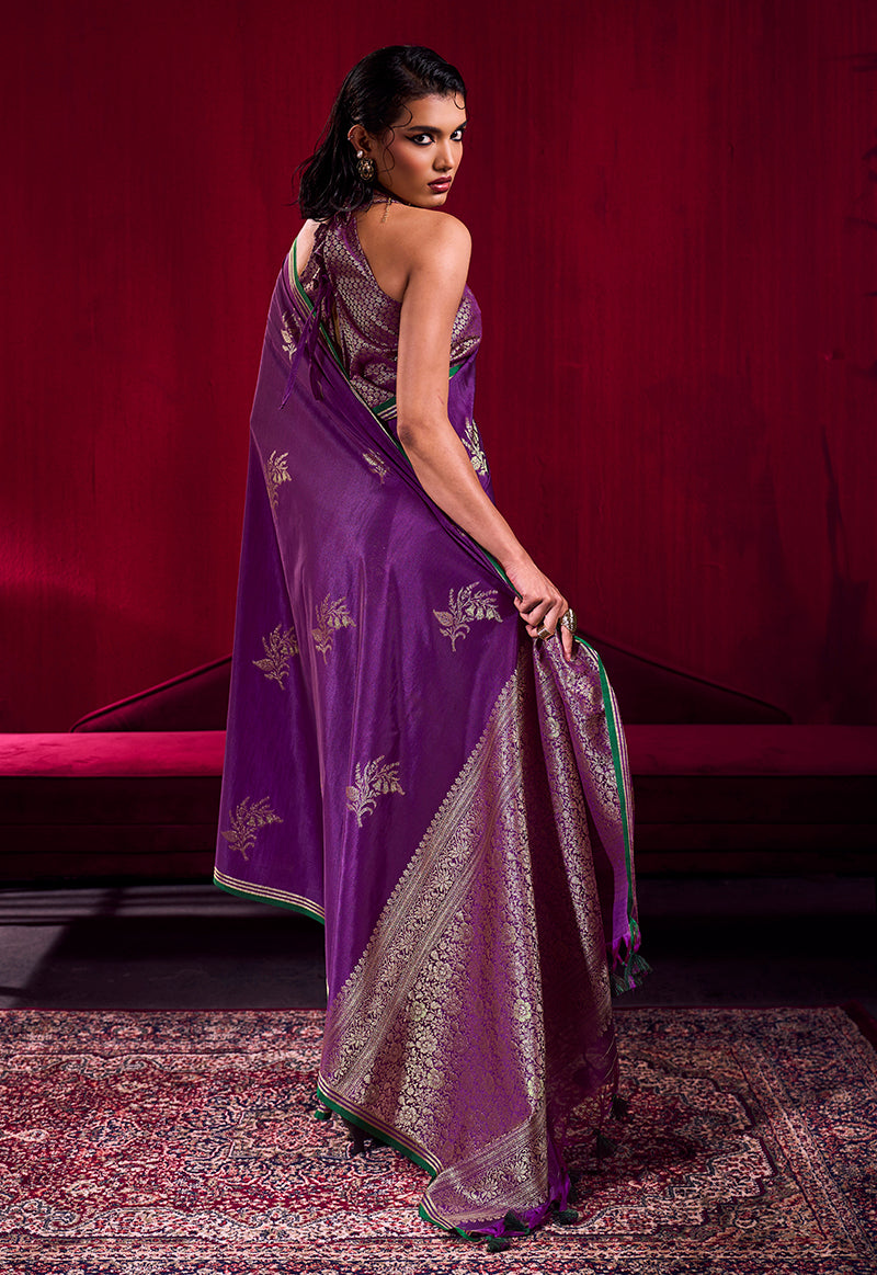 Purple Satin Linen Silk Handloom Weaving Saree