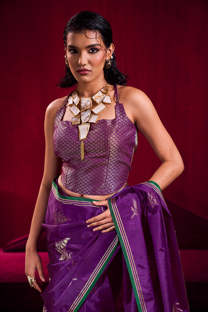 Purple Satin Linen Silk Handloom Weaving Saree