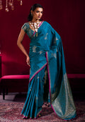Teal Blue Satin Linen Silk Saree with handloom weaving detail