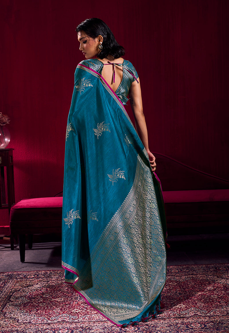 Teal Blue Satin Linen Handloom Weaving Silk Saree
