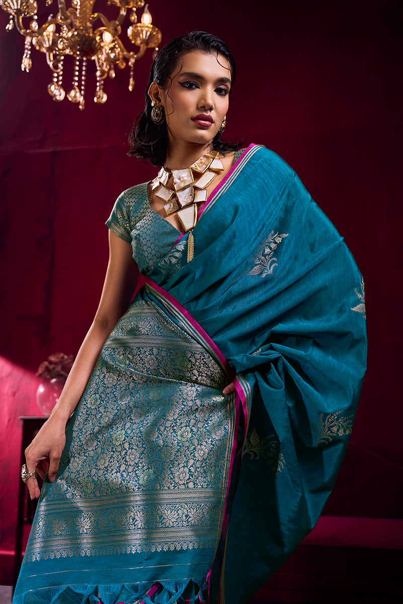 Teal Blue Satin Linen Handloom Weaving Silk Saree