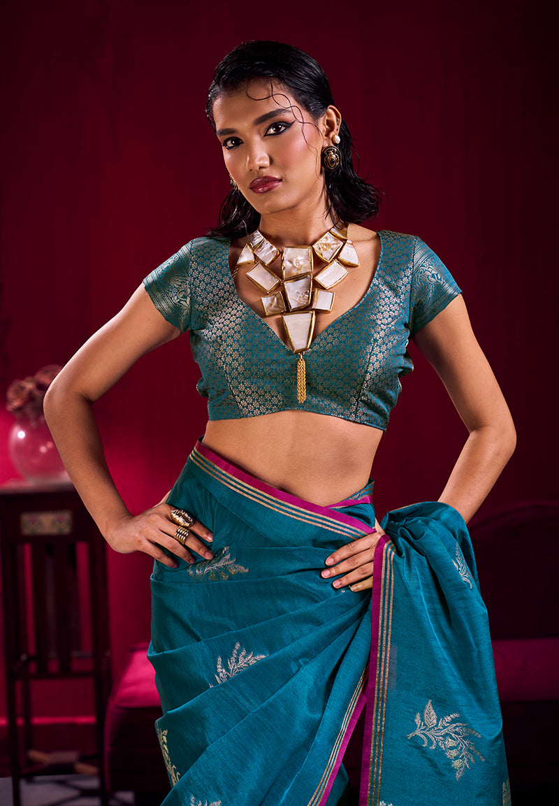 Teal Blue Satin Linen Handloom Weaving Silk Saree