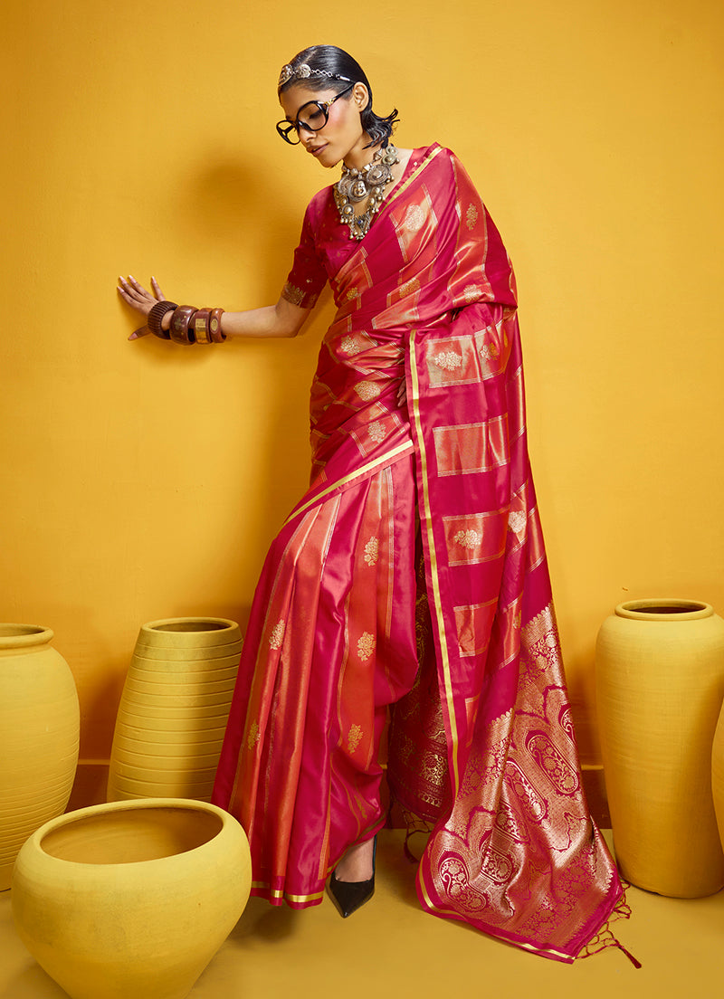 Red Satin Silk handloom saree with a detailed golden zari border