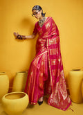 Red Satin Silk handloom saree with a detailed golden zari border