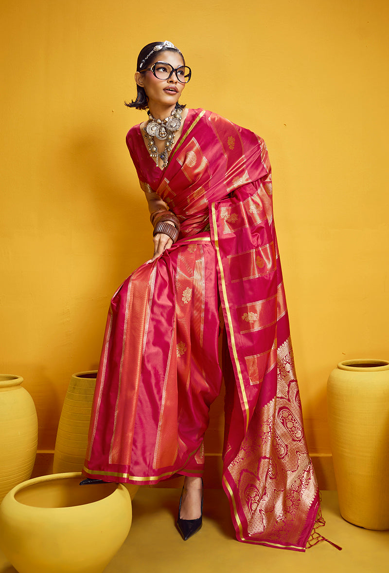 Red Satin Silk Handloom Saree with Golden Zari Border