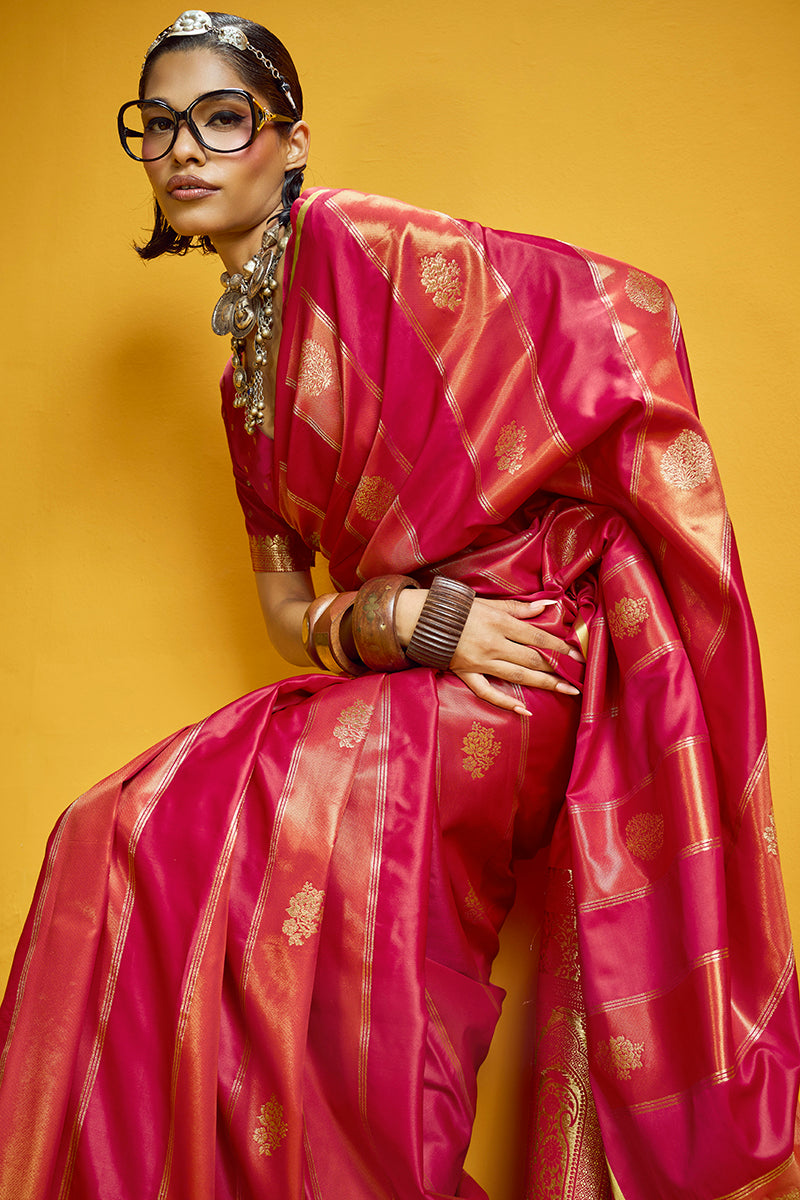 Red Satin Silk Handloom Saree with Golden Zari Border
