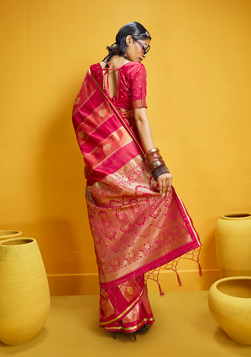 Red Satin Silk Handloom Saree with Golden Zari Border