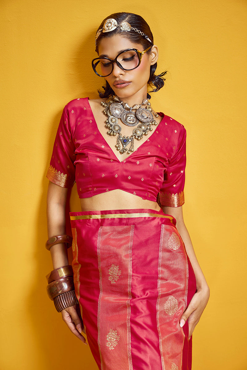 Red Satin Silk Handloom Saree with Golden Zari Border