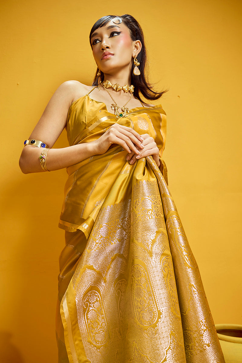 Mustard Yellow Satin Silk Saree with Handloom Weaving and Zari Border