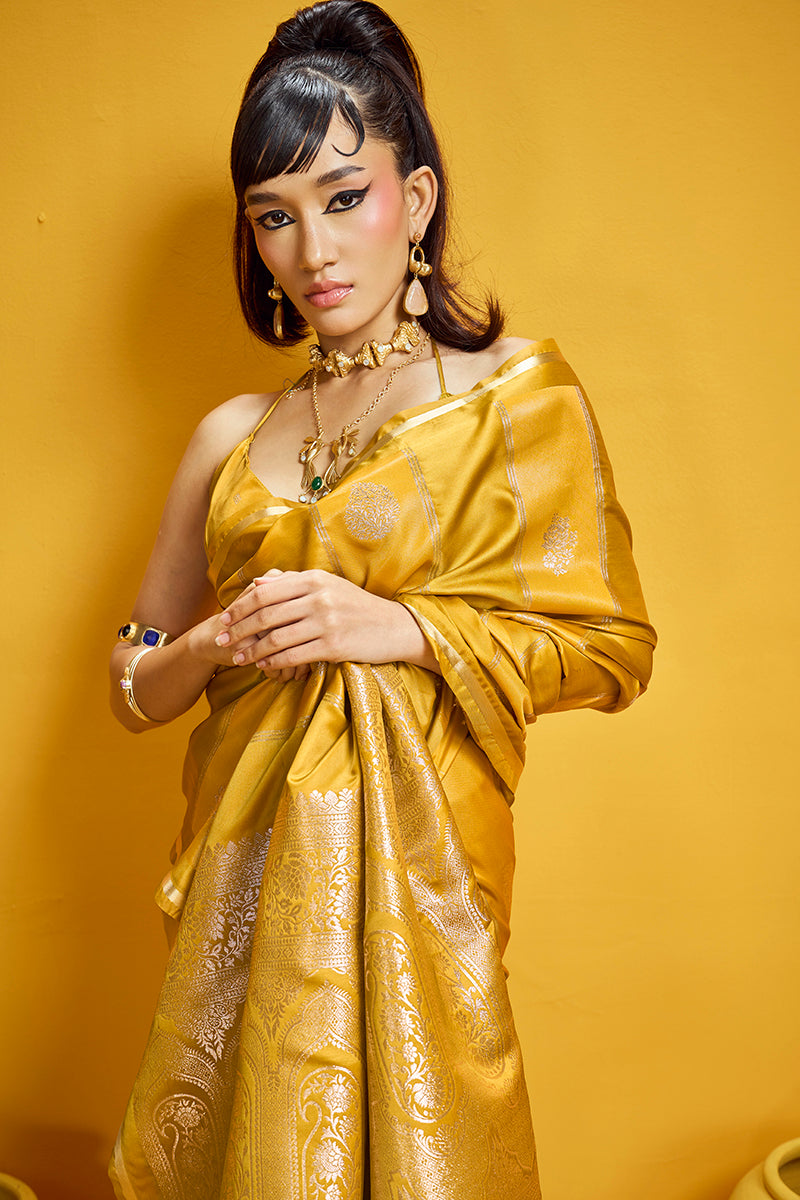 Mustard Yellow Satin Silk Saree with Handloom Weaving and Zari Border