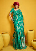 Sea green satin silk handloom saree with golden zari border