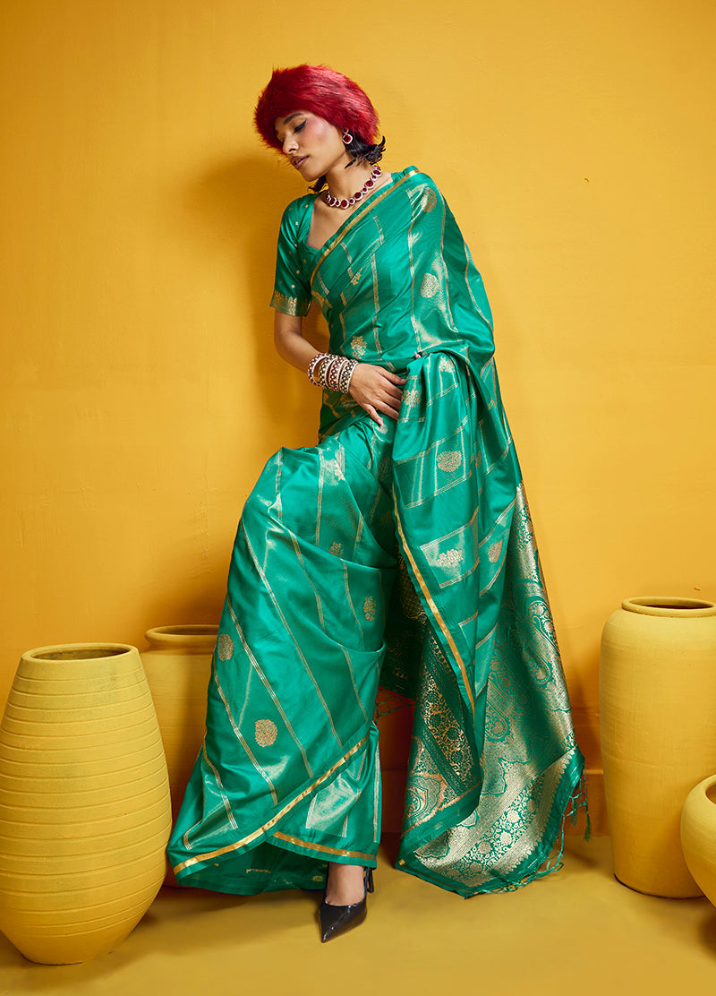 Sea Green Satin Silk Handloom Weaving Saree with Zari