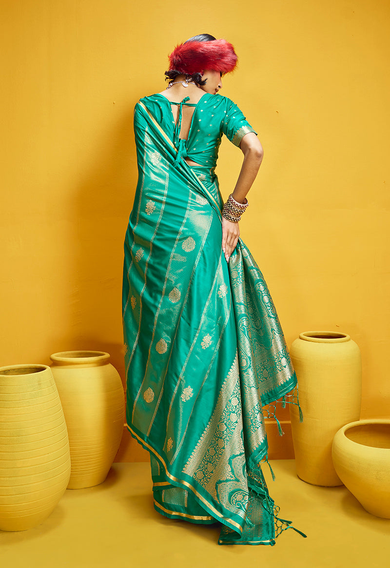 Sea Green Satin Silk Handloom Weaving Saree with Zari