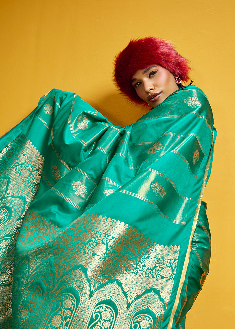 Sea Green Satin Silk Handloom Weaving Saree with Zari