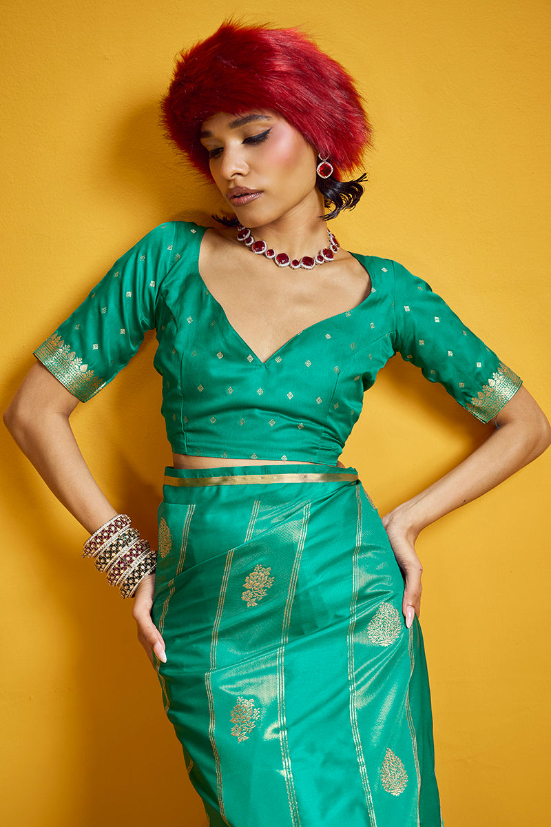 Sea Green Satin Silk Handloom Weaving Saree with Zari