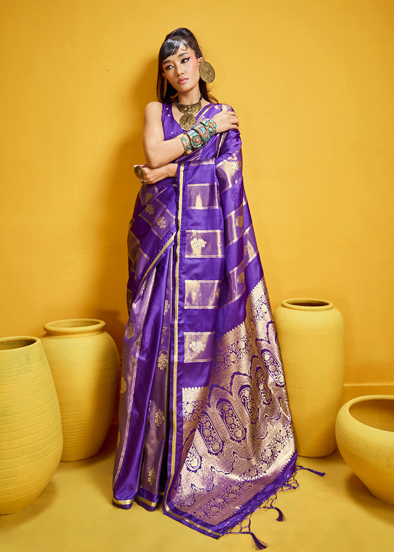 Violet satin silk saree with intricate golden zari border and handloom weaving details