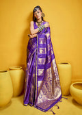 Violet satin silk saree with intricate golden zari border and handloom weaving details