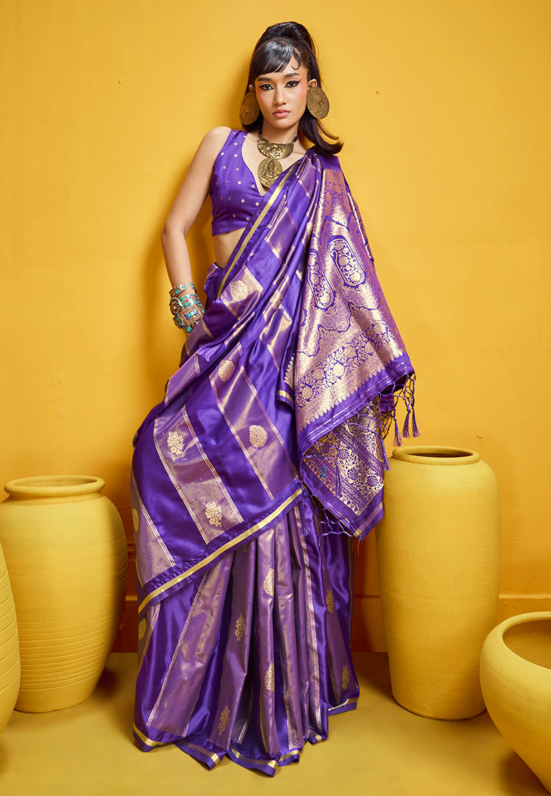 Violet Satin Silk Handloom Weaving Saree with Zari Border