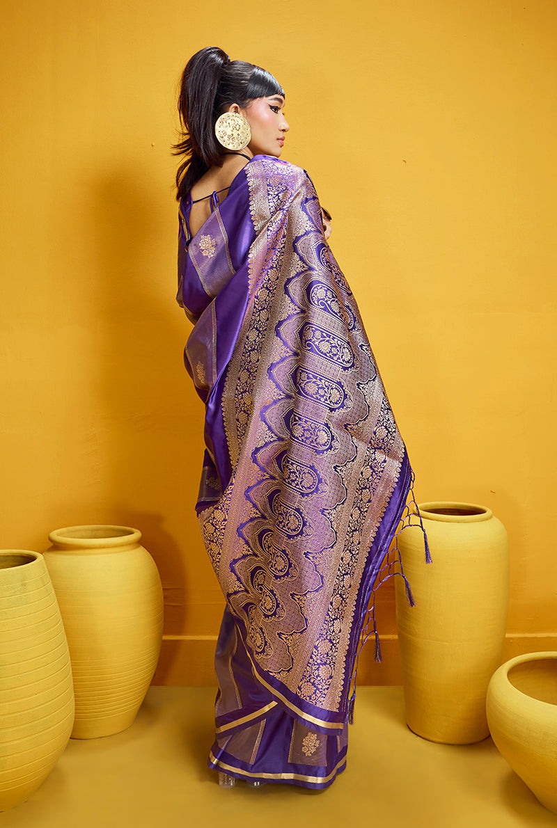 Violet Satin Silk Handloom Weaving Saree with Zari Border