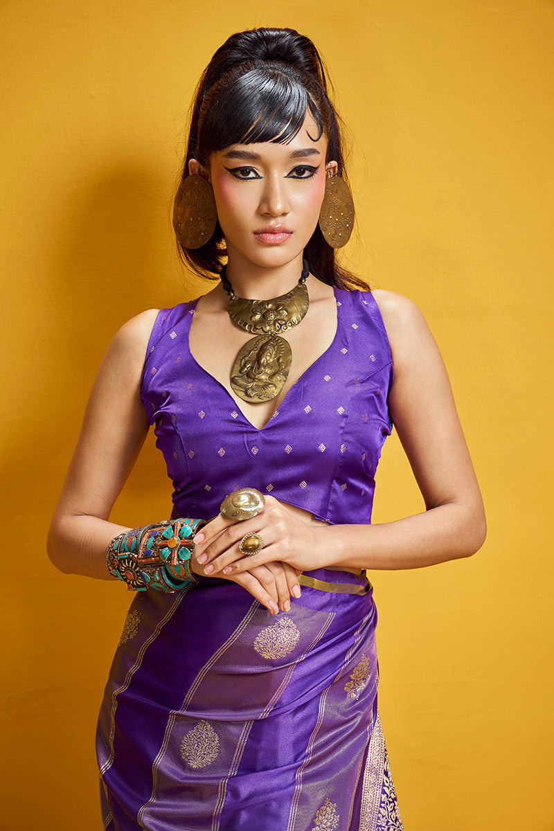 Violet Satin Silk Handloom Weaving Saree with Zari Border