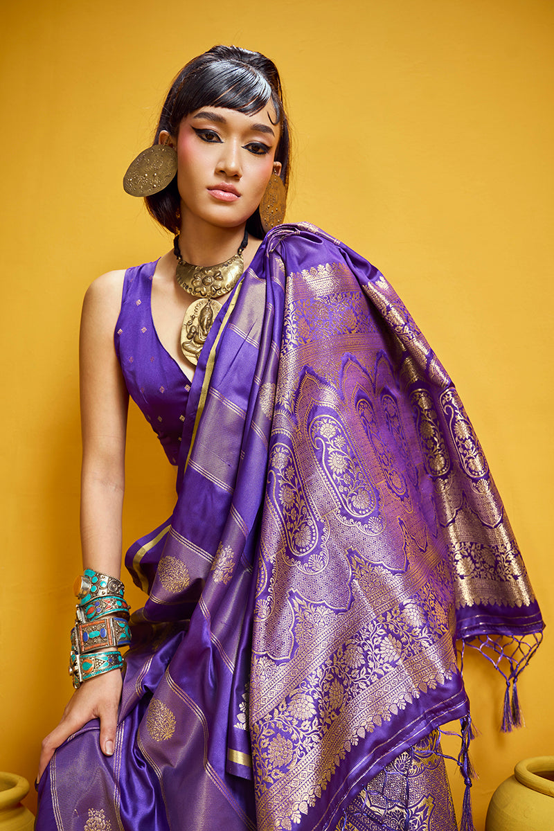 Violet Satin Silk Handloom Weaving Saree with Zari Border