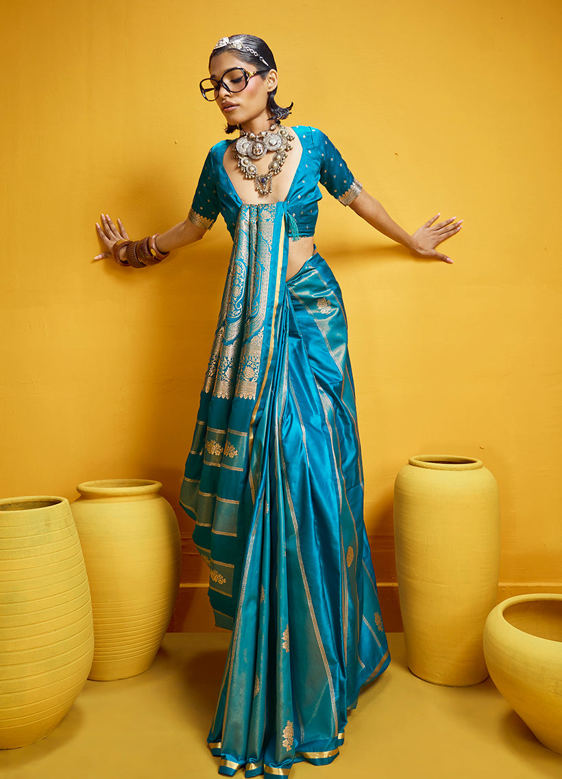 Aqua Blue Satin Silk Handloom Weaving Saree with Zari Border