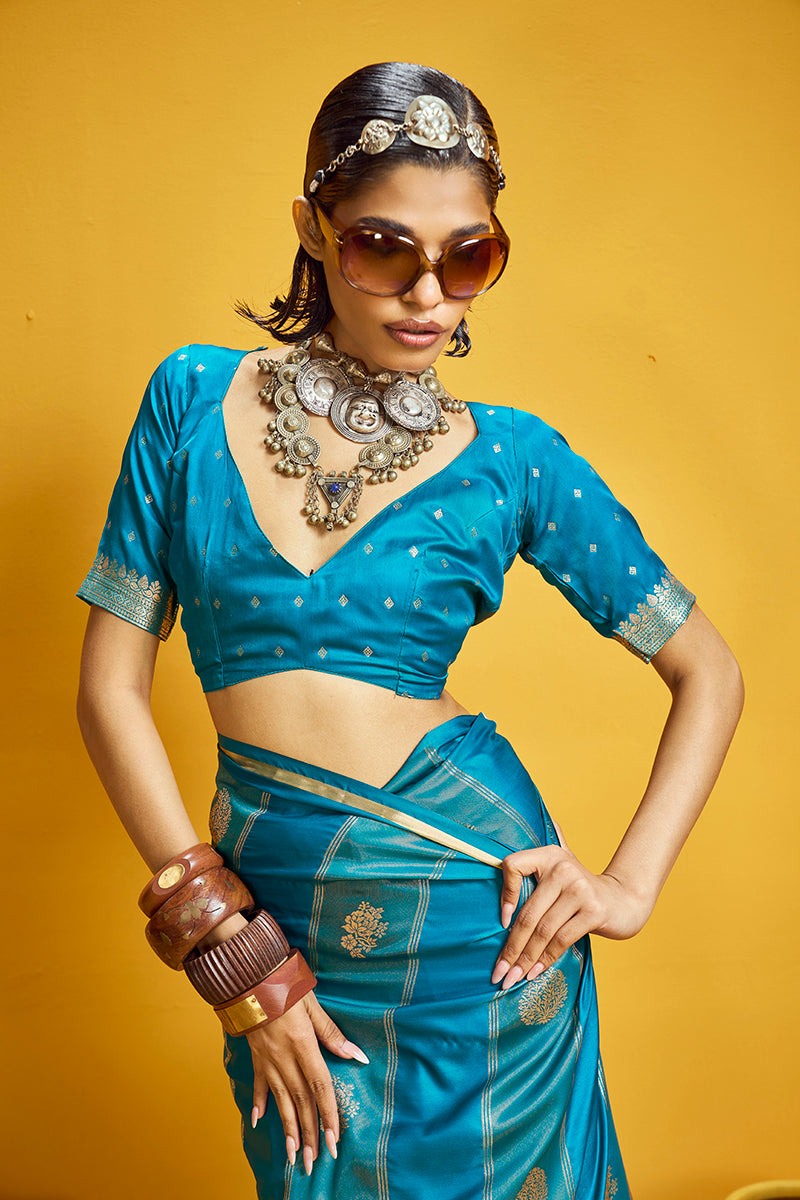 Aqua Blue Satin Silk Handloom Weaving Saree with Zari Border