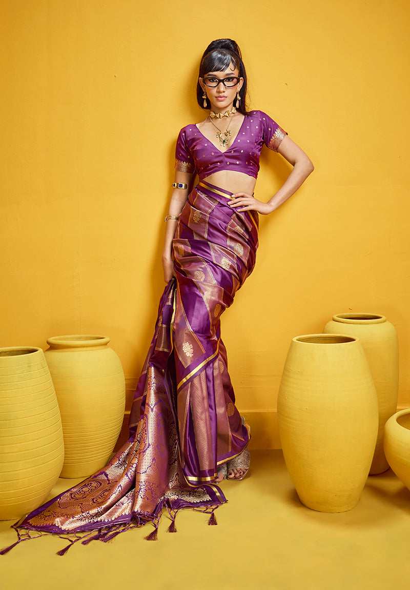 Purple Satin Silk Handloom Weaving Saree With Zari Lace