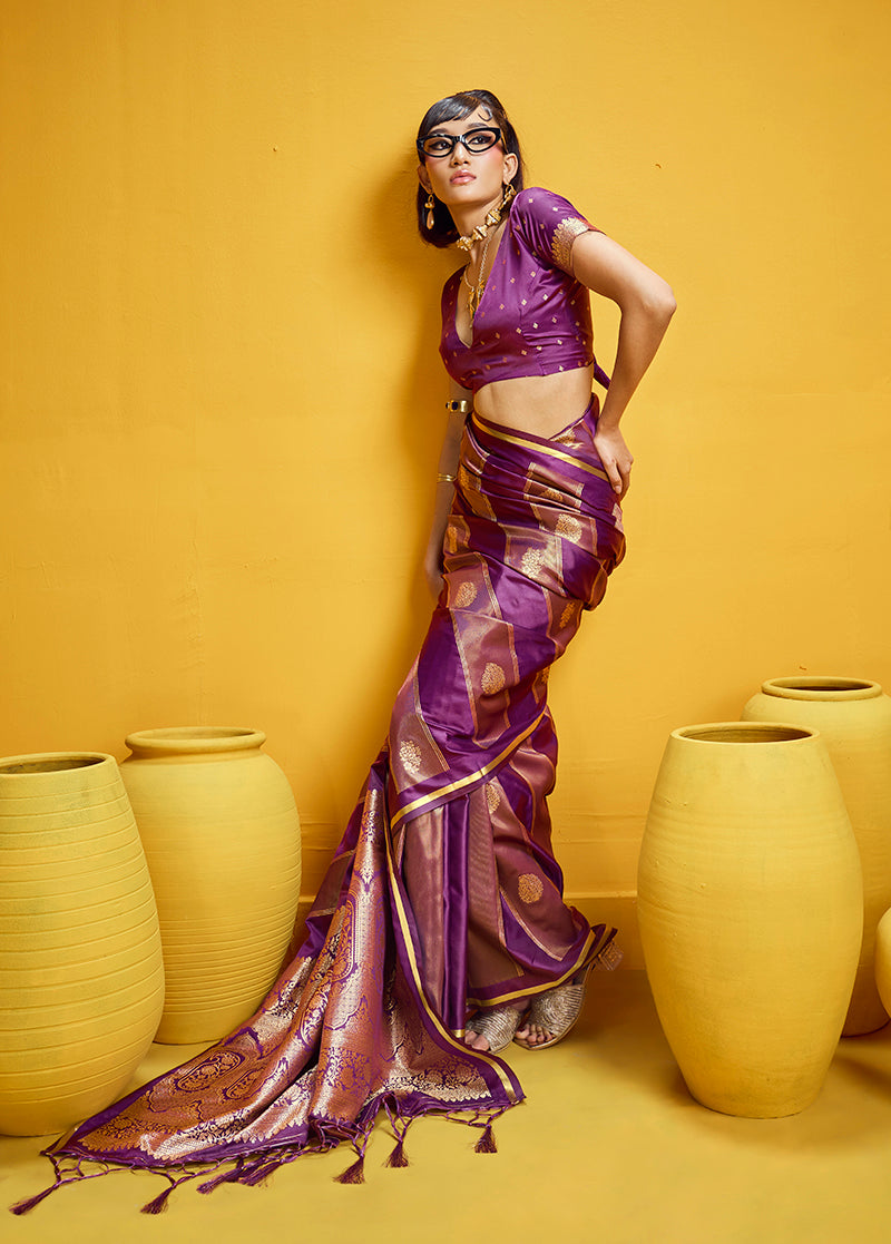 Purple Satin Silk Handloom Weaving Saree With Zari Lace