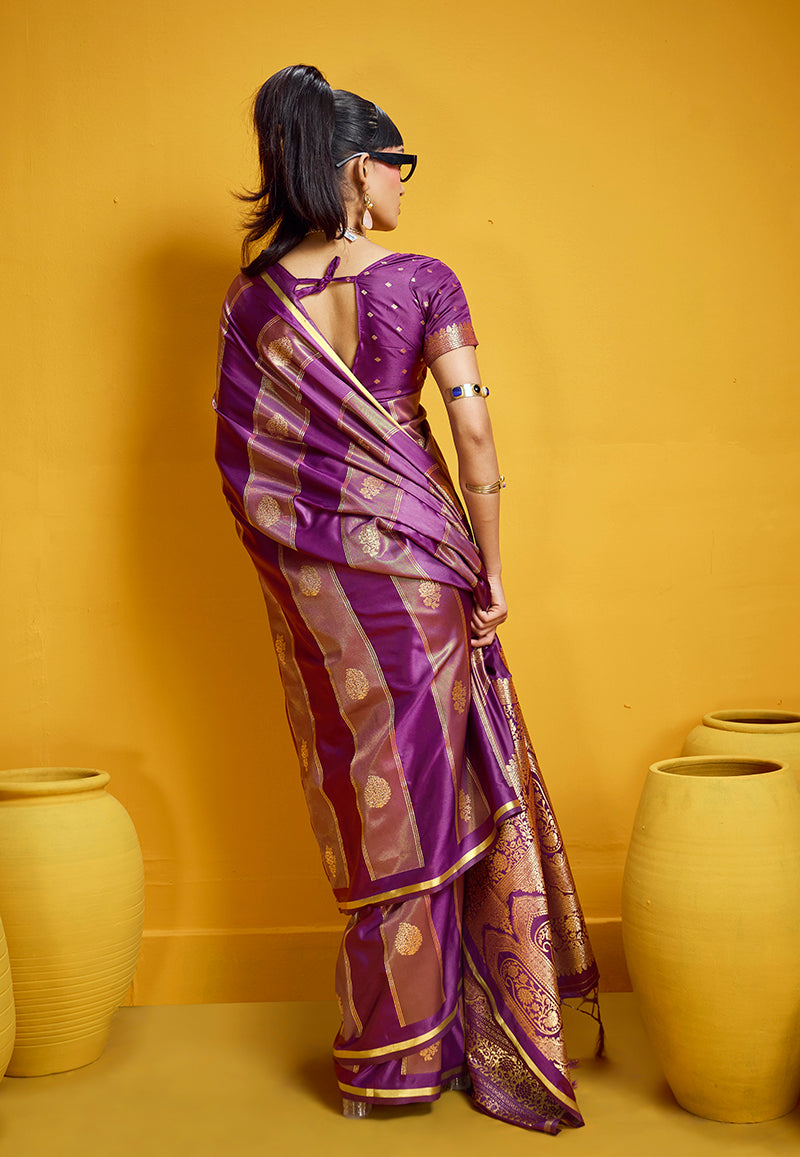Purple Satin Silk Handloom Weaving Saree With Zari Lace