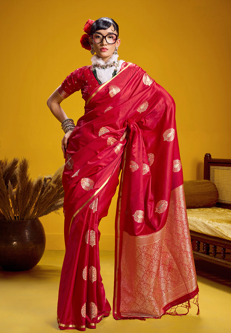 Monjolika Fashion red satin silk saree with gold zari handloom weaving details