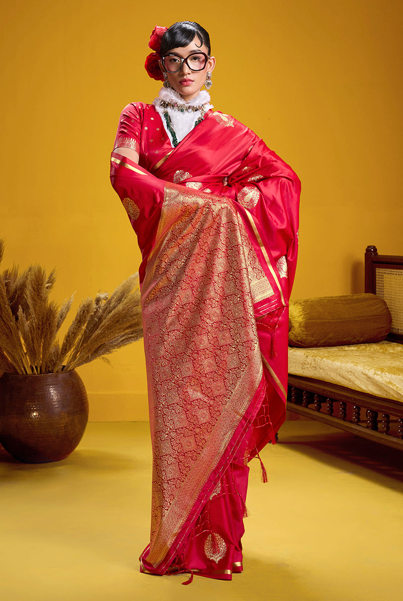 Red Satin Silk Handloom Saree with Traditional Zari Weaving