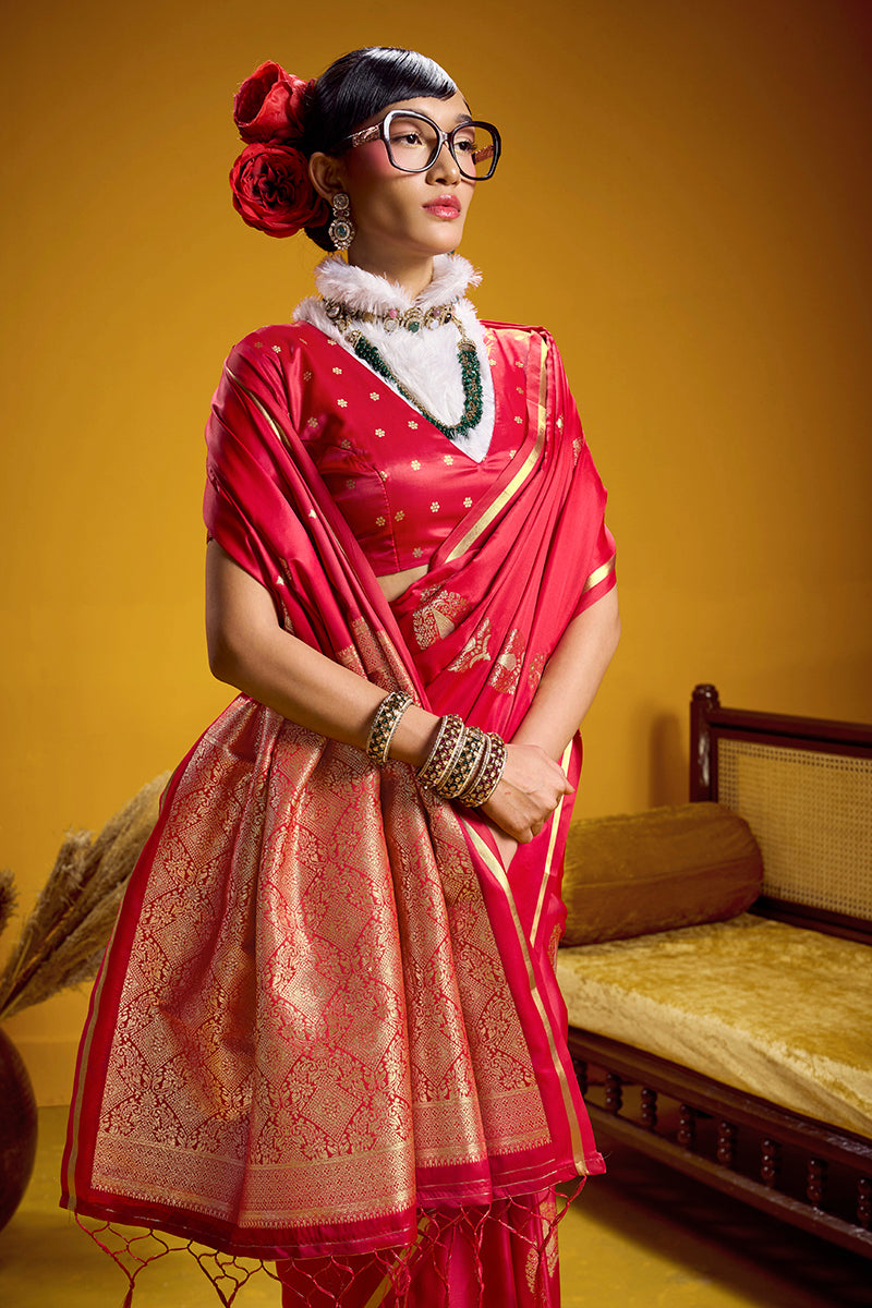 Red Satin Silk Handloom Saree with Traditional Zari Weaving