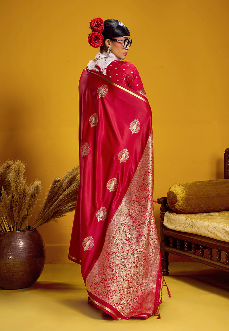 Red Satin Silk Handloom Saree with Traditional Zari Weaving