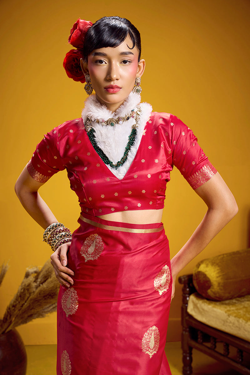 Red Satin Silk Handloom Saree with Traditional Zari Weaving