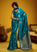 Aqua blue satin silk handloom saree with gold zari butti work and woven border