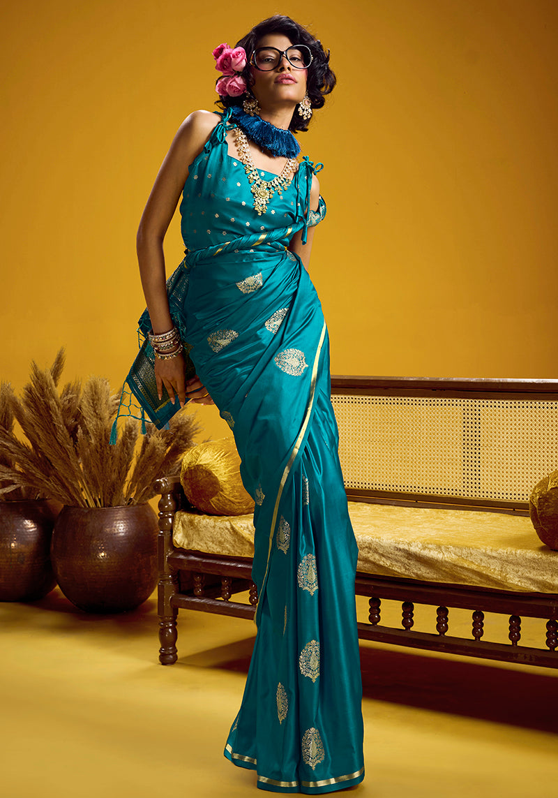 Aqua Blue Satin Silk Handloom Saree with Zari Butti