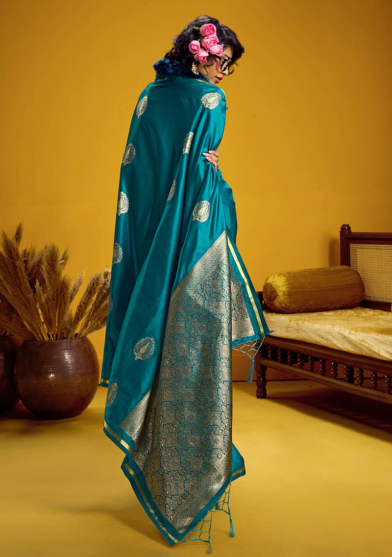 Aqua Blue Satin Silk Handloom Saree with Zari Butti