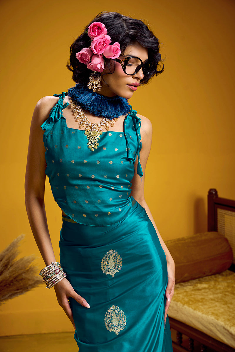 Aqua Blue Satin Silk Handloom Saree with Zari Butti