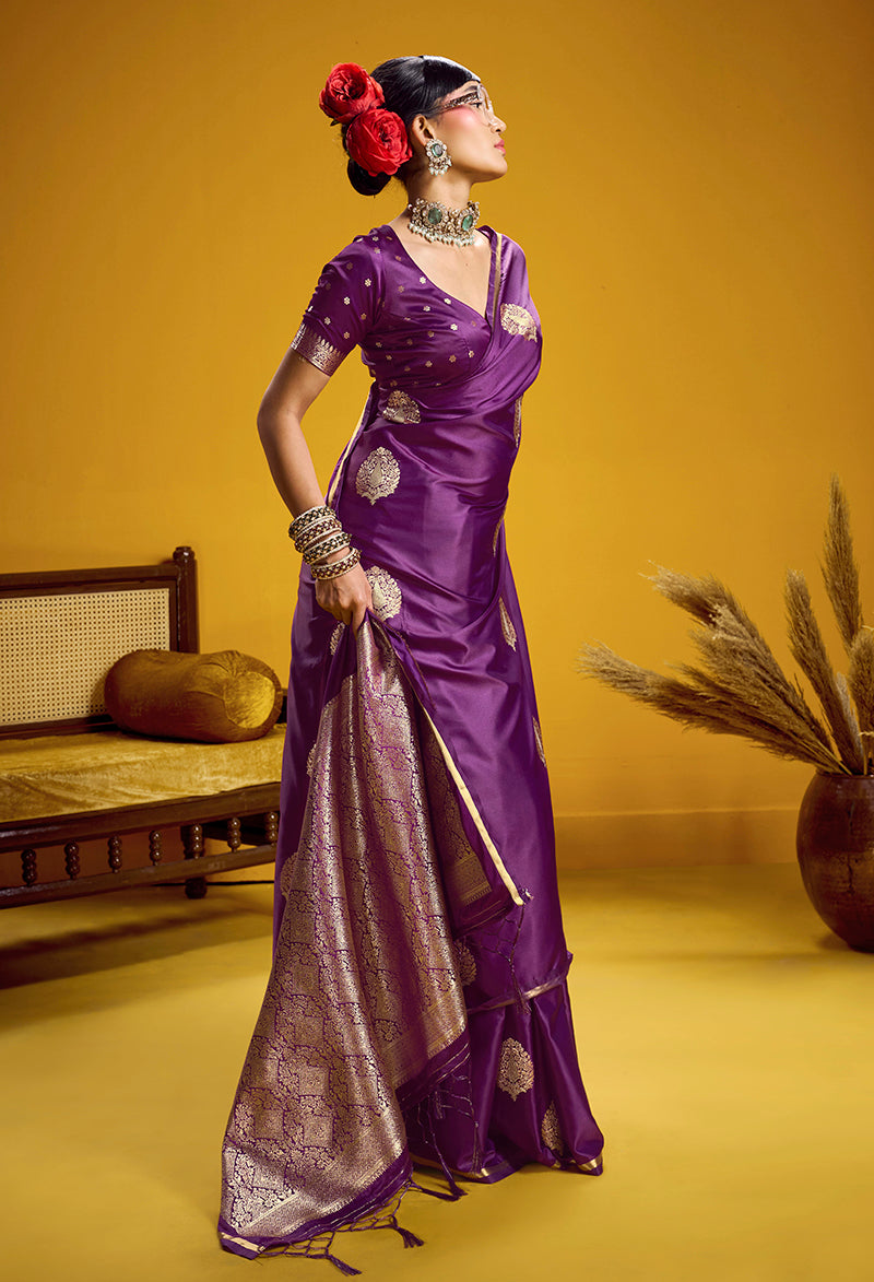 Purple Satin Silk Handloom Saree with Zari Weaving
