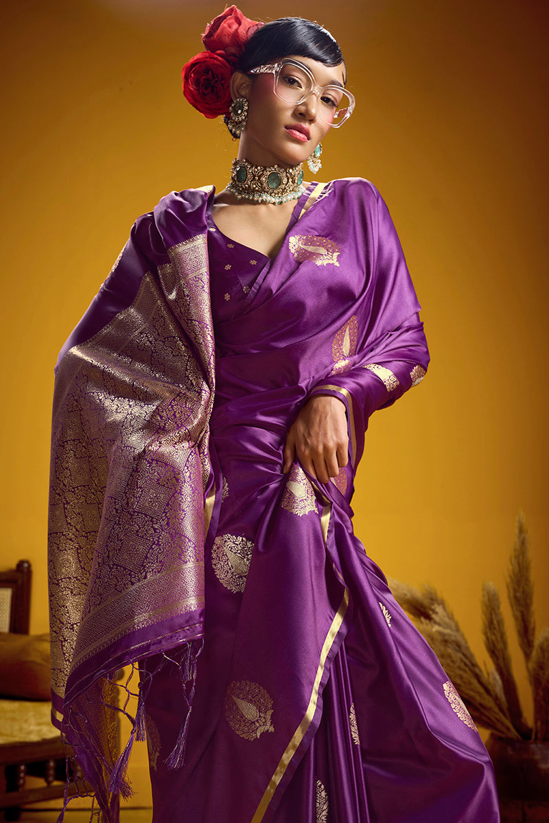 Purple Satin Silk Handloom Saree with Zari Weaving