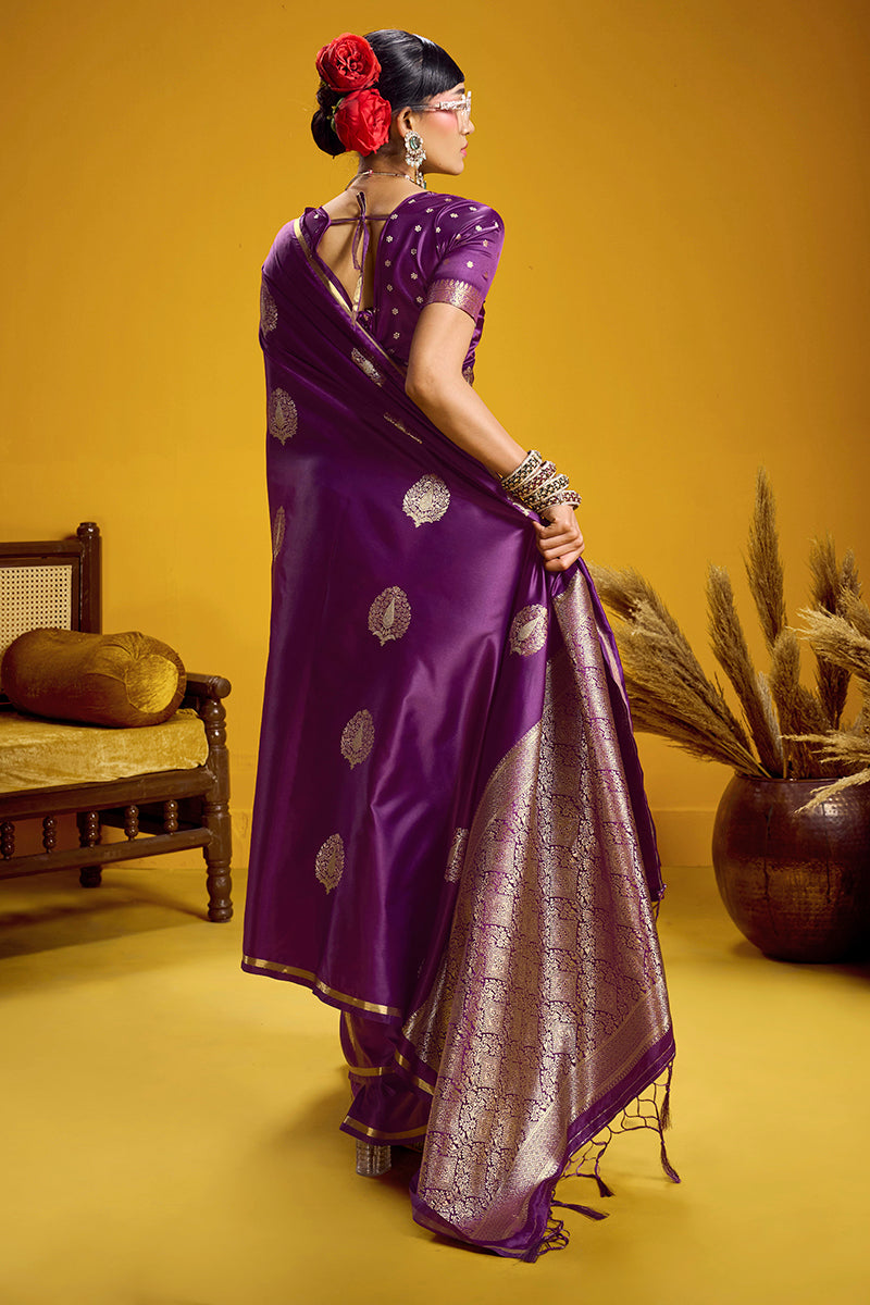 Purple Satin Silk Handloom Saree with Zari Weaving