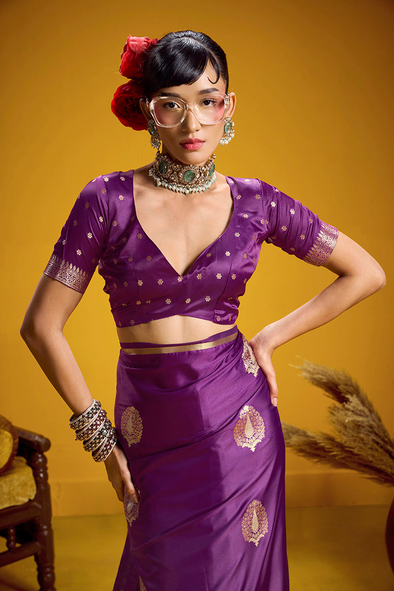 Purple Satin Silk Handloom Saree with Zari Weaving